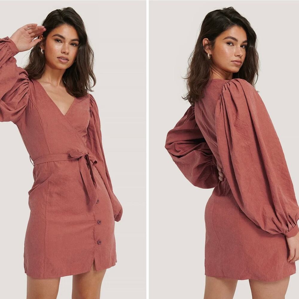 NA-KD Puff Sleeve Tie Waist Wrap Dress – Rose Mauve – EU 34 / US Small – NWT